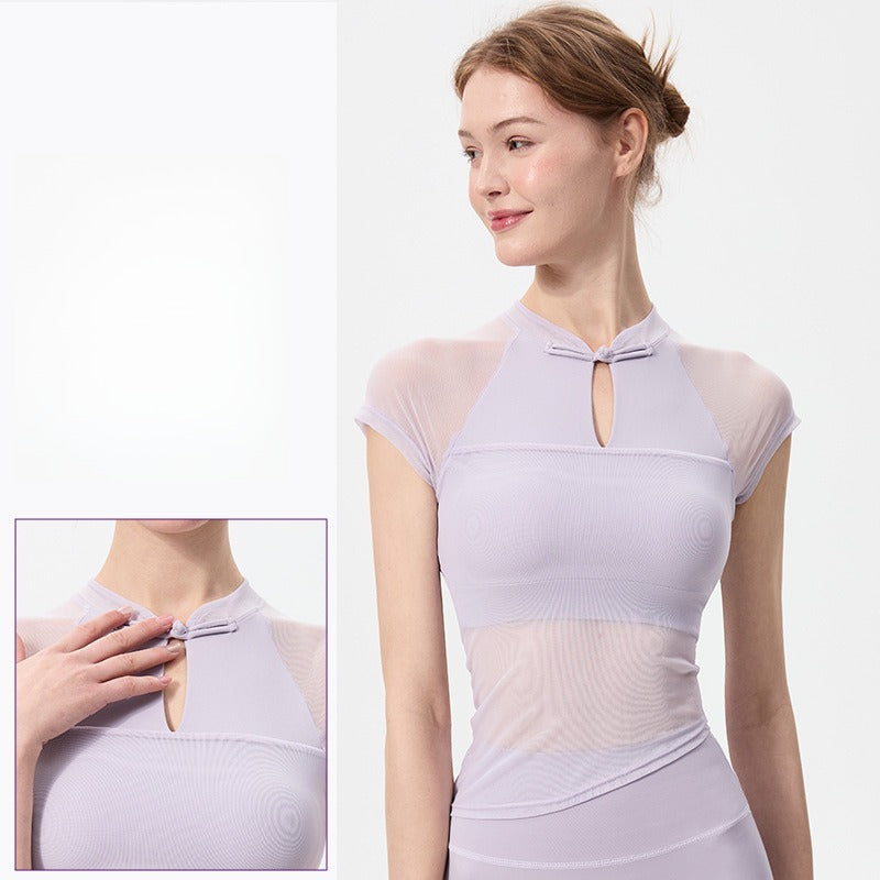 Women's Mesh Yoga Top - National Style Slim Fit with Built-in Bra