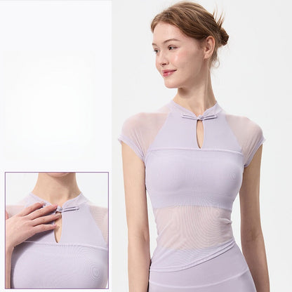 Women's Mesh Yoga Top - National Style Slim Fit with Built-in Bra