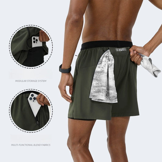 Fake Two-Piece Running Shorts - Breathable with Zipper Pocket & Reflective Strip