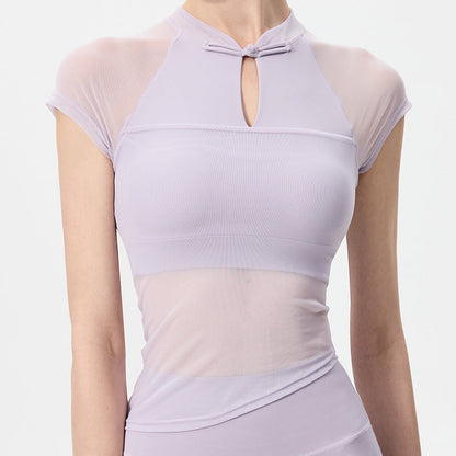 Women's Mesh Yoga Top - National Style Slim Fit with Built-in Bra