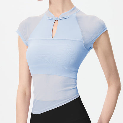 Women's Mesh Yoga Top - National Style Slim Fit with Built-in Bra