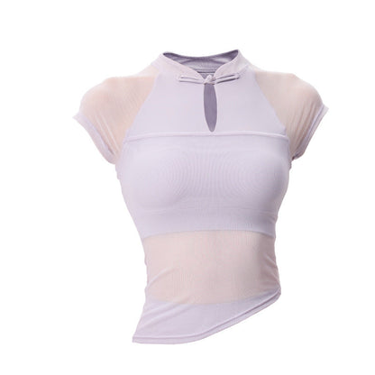 Women's Mesh Yoga Top - National Style Slim Fit with Built-in Bra